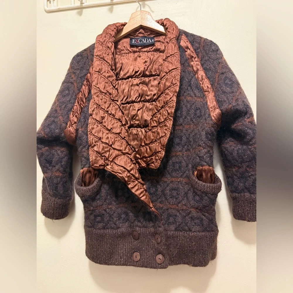 Escada Vintage Brown Knit Mohair Wool Ribbed Hem Cardigan Made In Germany Sz 40